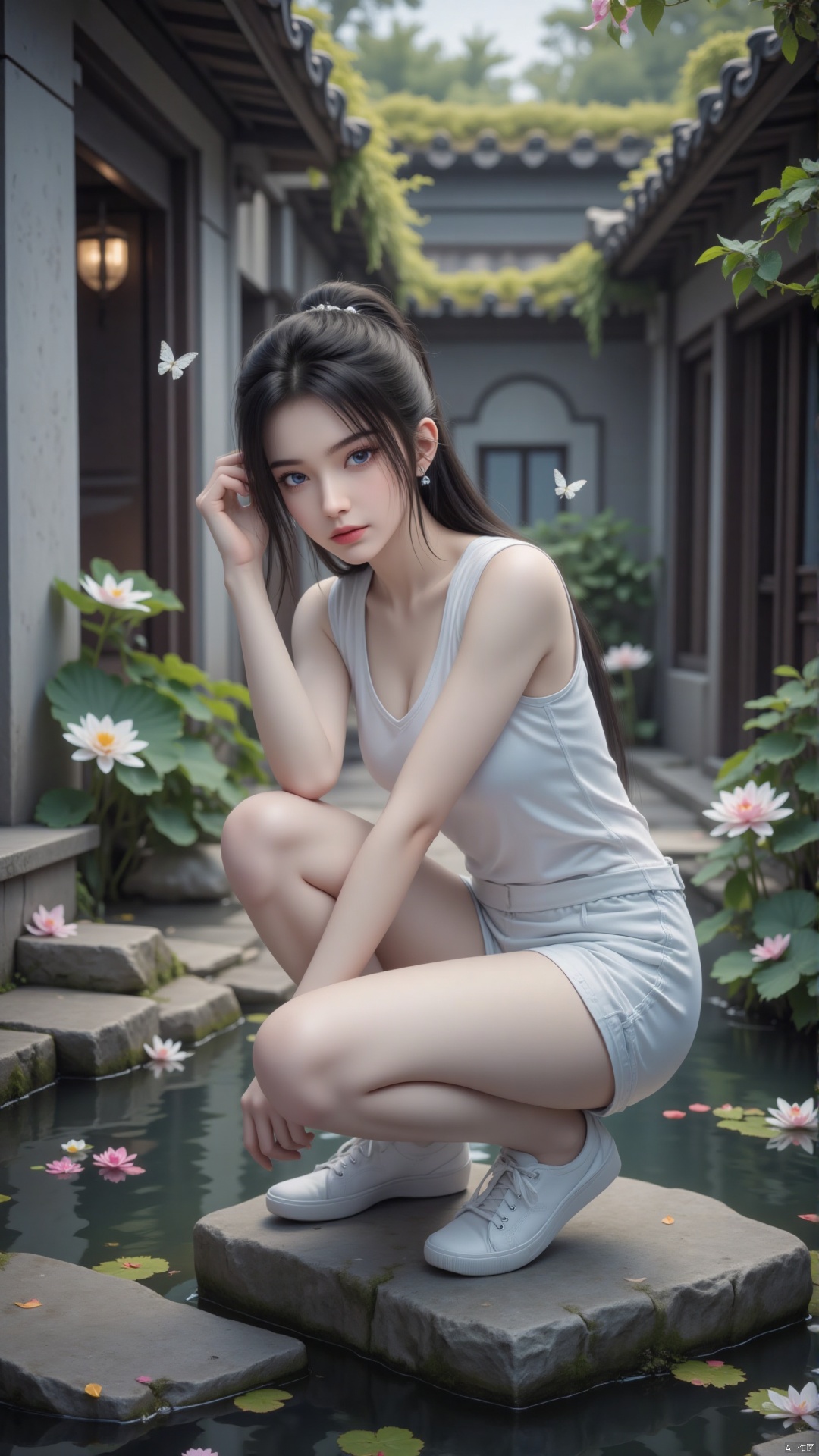 Depth of field, ultra clear, ultra-high resolution, 8k, well structured, masterpiece, surrealism, details, textures, conceptual artwork, atmosphere, clear background, film lighting technology.
She is wearing a white vest. Black hair, blue eyes, eyelashes. Her hair was tied in a ponytail and she looked at the audience, wearing a pair of white casual shorts. Fashion sense. Squatting on a stone in a yard. Wearing a pair of white casual shoes and slender legs.
Chinese style courtyard, with ponds, lotus flowers, stones, fallen leaves, leaves and petals on the water surface, butterflies, nature, and moss indoors and in the courtyard.
