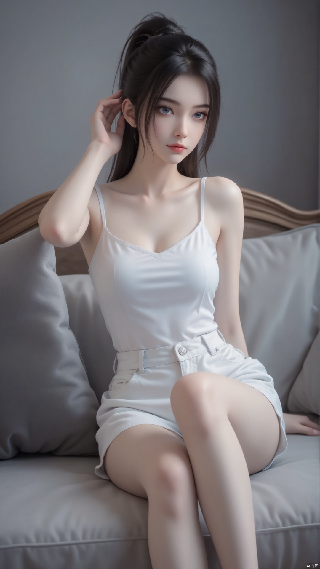 Depth of field, ultra clear, ultra-high resolution, 8k, well structured, masterpiece, surrealism, details, textures, conceptual artwork, atmosphere, clear background, film lighting technology.
She is wearing a white camisole. Sleeveless, off shoulder, black hair, blue eyes, eyelashes. Her hair was tied in a ponytail and she looked at the audience, wearing a pair of white casual shorts. Fashion sense. Sitting on the sofa, her left hand touches her head and her right hand rests on her leg. Barefoot, slender legs. Behind her is a gray pillow.
The wall behind the sofa. Indoor.