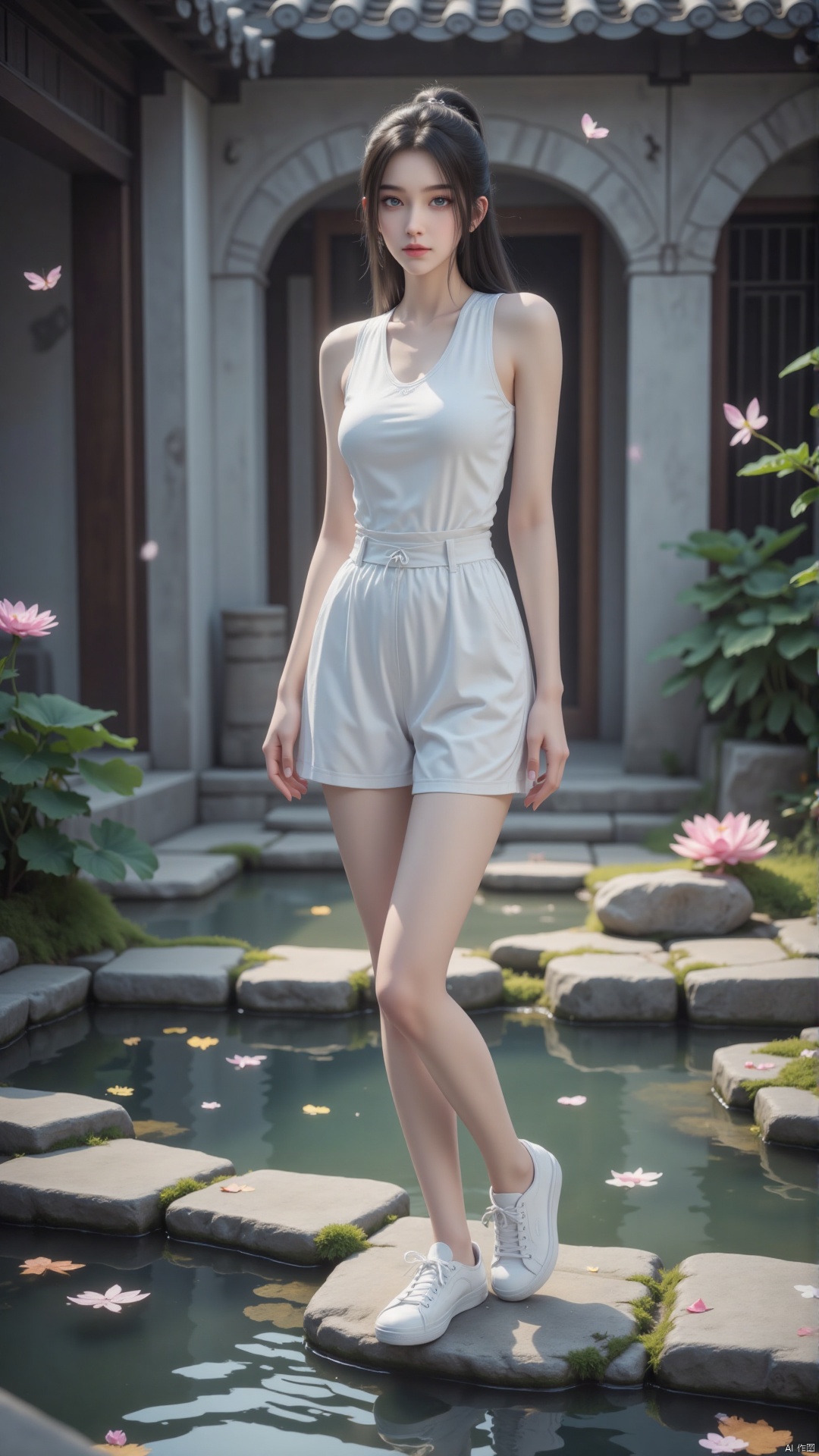 Depth of field, ultra clear, ultra-high resolution, 8k, well structured, masterpiece, surrealism, details, textures, conceptual artwork, atmosphere, clear background, film lighting technology.
She is wearing a white vest. Black hair, blue eyes, eyelashes. Her hair was tied in a ponytail and she looked at the audience, wearing a pair of white casual shorts. Fashion sense. Standing on a stone in a courtyard. Wearing a pair of white casual shoes and slender legs.
Chinese style courtyard, with ponds, lotus flowers, stones, fallen leaves, leaves and petals on the water surface, butterflies, nature, and moss indoors and in the courtyard.