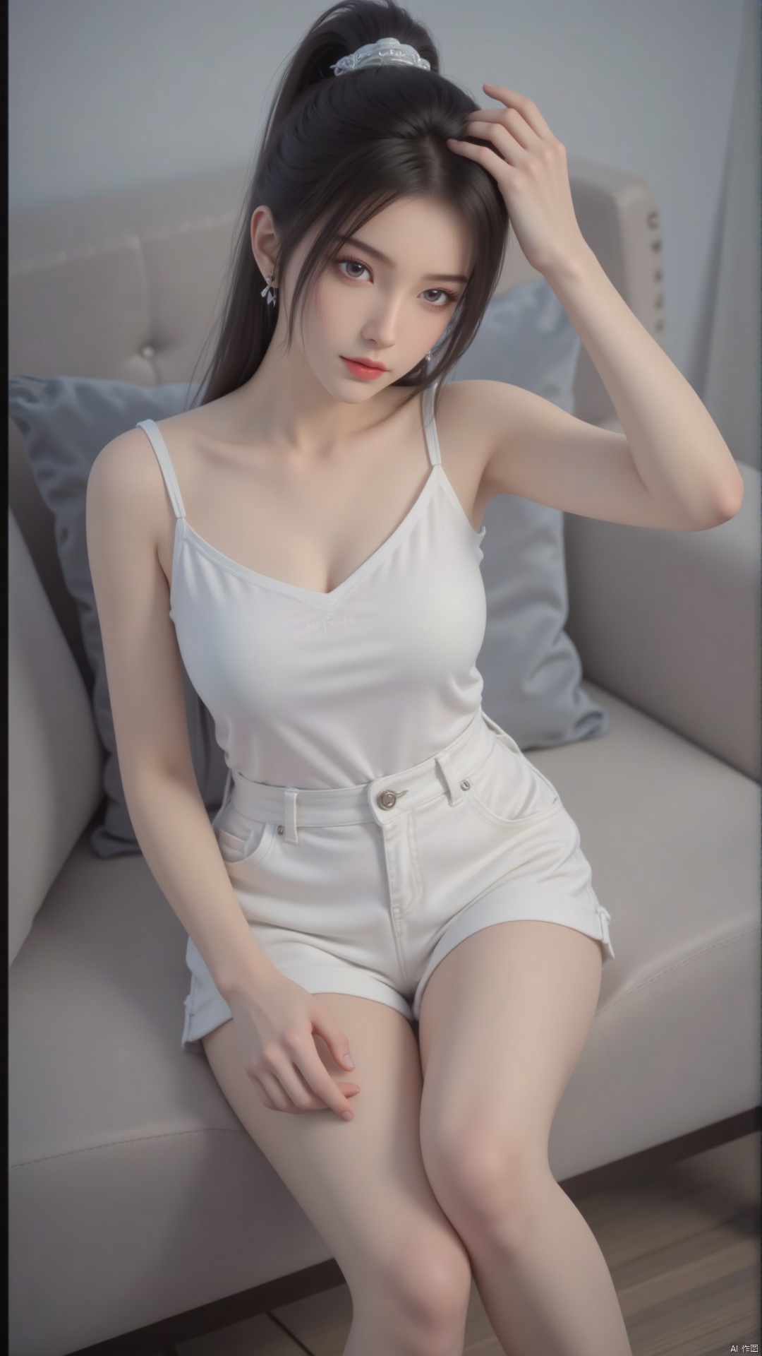 Depth of field, ultra clear, ultra-high resolution, 8k, well structured, masterpiece, surrealism, details, textures, conceptual artwork, atmosphere, clear background, film lighting technology.
She is wearing a white camisole. Sleeveless, off shoulder, black hair, blue eyes, eyelashes. Her hair was tied in a ponytail and she looked at the audience, wearing a pair of white casual shorts. Fashion sense. Sitting on the sofa, her left hand touches her head and her right hand rests on her leg. Barefoot, slender legs. Behind her is a gray pillow.
The wall behind the sofa. Indoor.