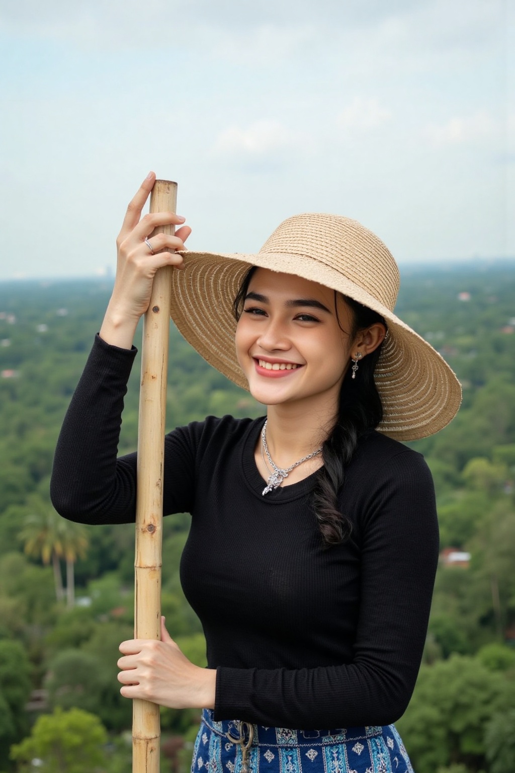 4rlidaputr1,  A young asian woman stands with a smile on her face,  holding a bamboo stick in her right hand. She is weari...