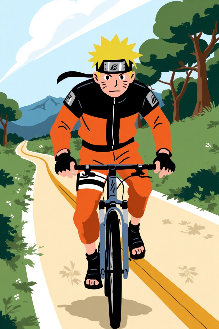 nap_retep,  drawing cartoon of naruto riding bicycle. in the style of t0k on Tensor.Art
