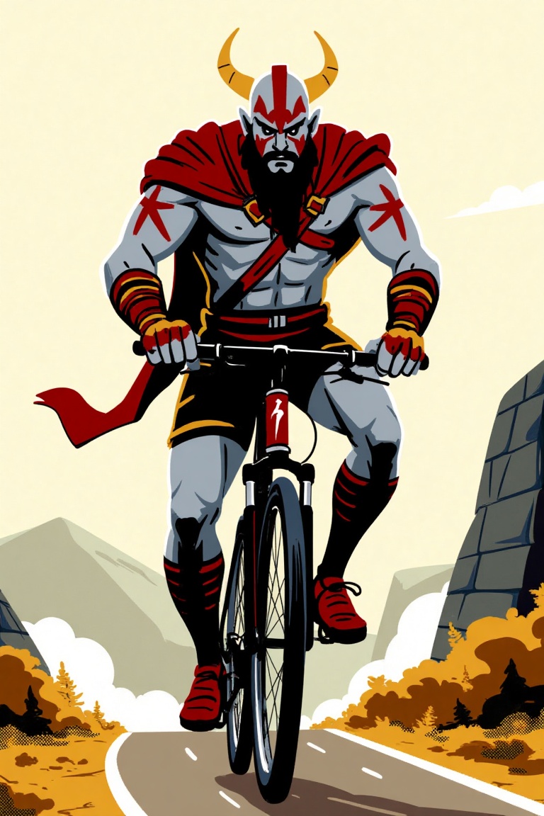 nap_retep,  drawing cartoon of kratos god of war riding bicycle. in the style of t0k on Tensor.Art