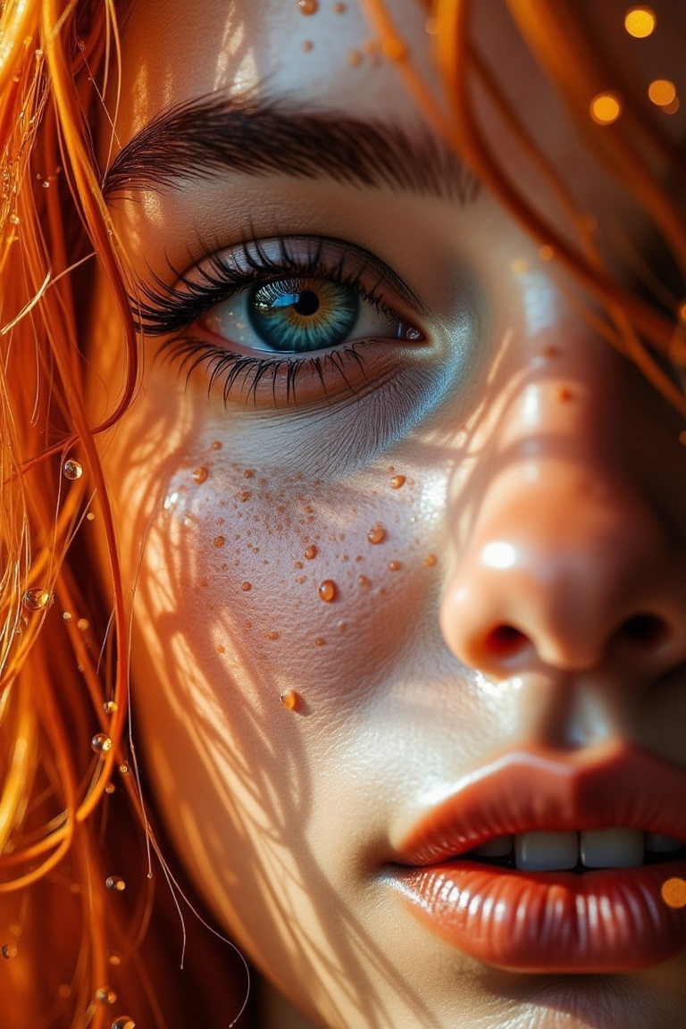 Hyperrealistic.hanna,  a hyper-realistic 8K macro portrait of a face partially covered in wet orange hair strands,  with d...