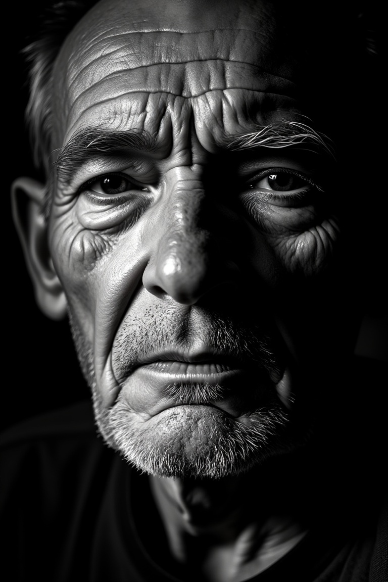 Hyperrealistic.hanna,  a hyper-detailed 8K monochrome portrait of an older man’s weathered face,  captured in dramatic chi...