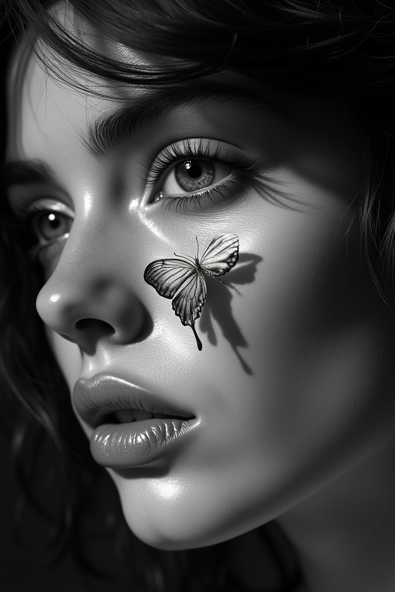 Hyperrealistic.hanna,  an 8K hyper-realistic monochrome portrait of a young woman holding a delicate butterfly near her fa...