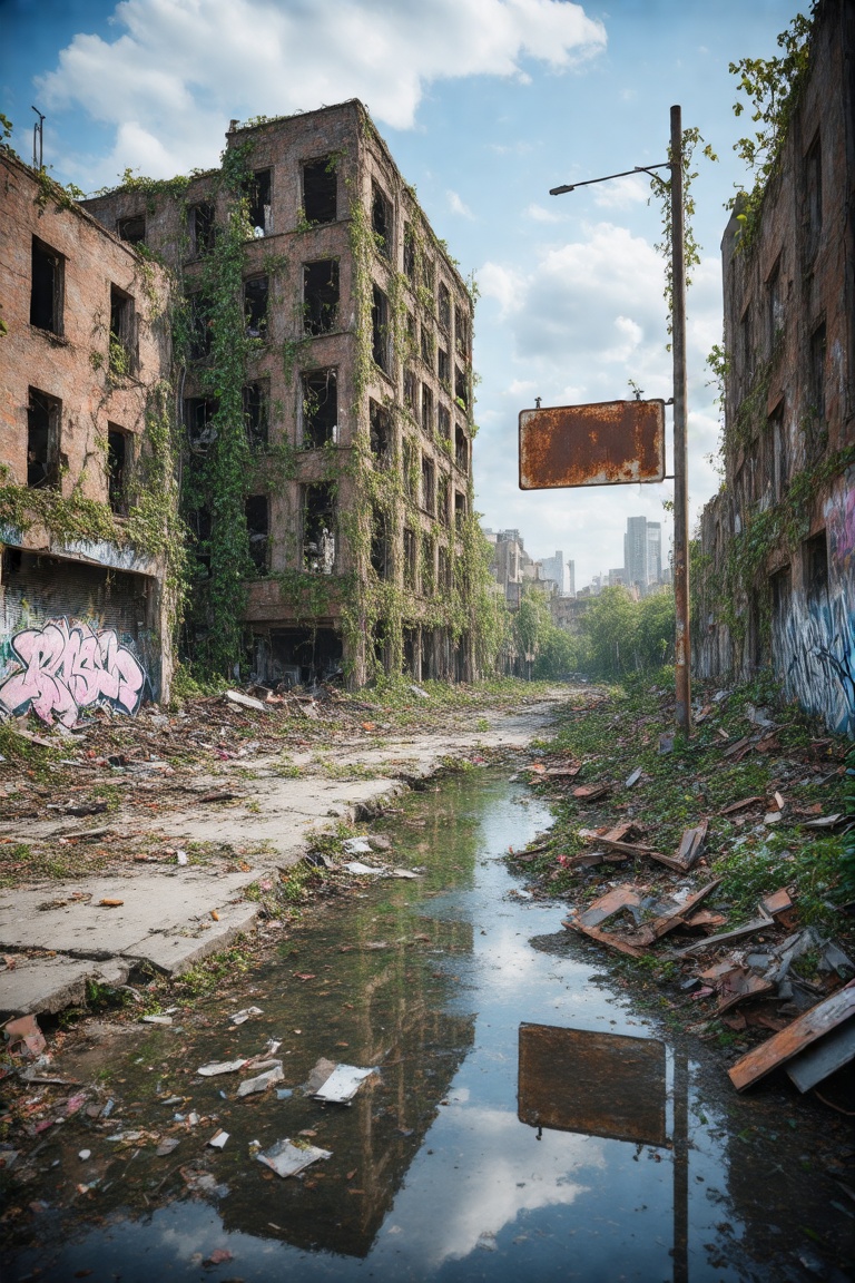 A high-quality hyperrealistic photograph of a dilapidated city street,  abandoned,  with rusted metal scraps and broken co...