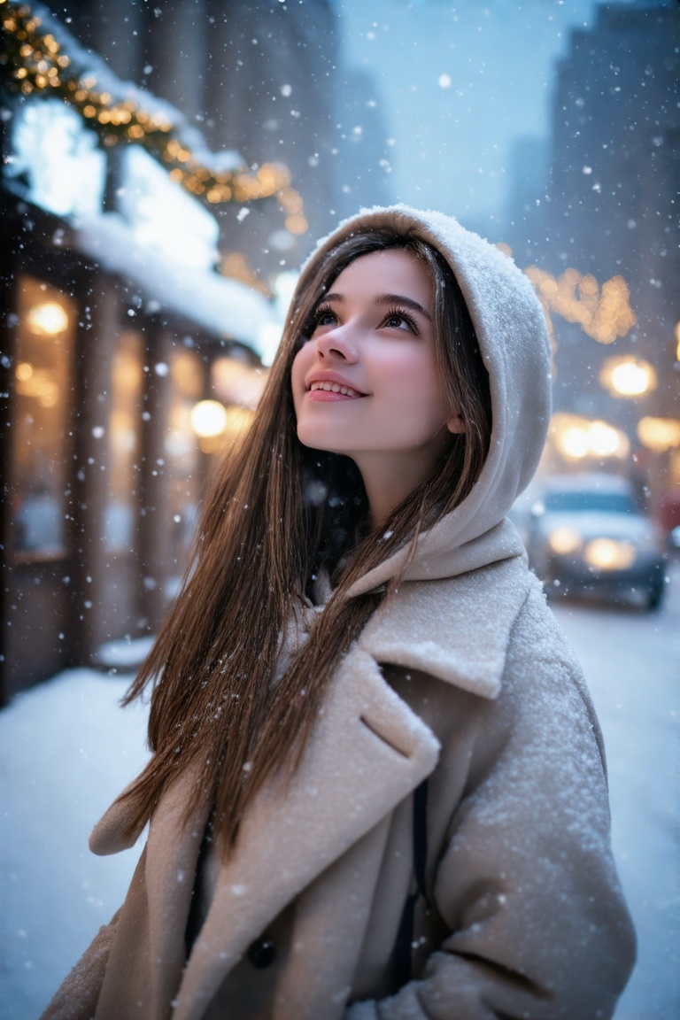 A cute girl with long hair wearing a fashionable winter coat over a hoodie,  standing and looking up as snow falls on a wi...