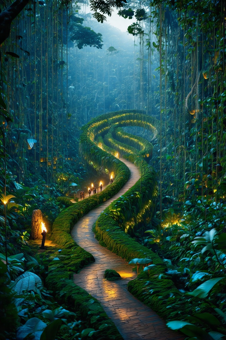 Hyperrealistic photography of a labyrinthine jungle with an 'S' curve path,  dense foliage,  towering trees on Tensor.Art