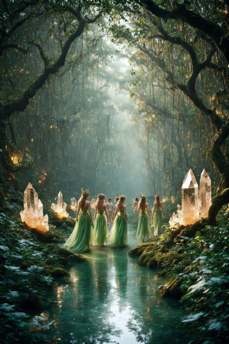 A hyperrealistic photography of a serene,  mystical forest inhabited by ethereal elves. The morning mist rises as the firs...