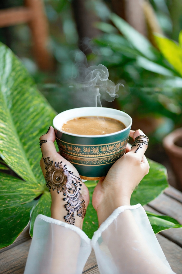 A close-up shot of a Malaysian woman's hands,  adorned with intricate henna designs,  cradling a steaming cup of coffee an...