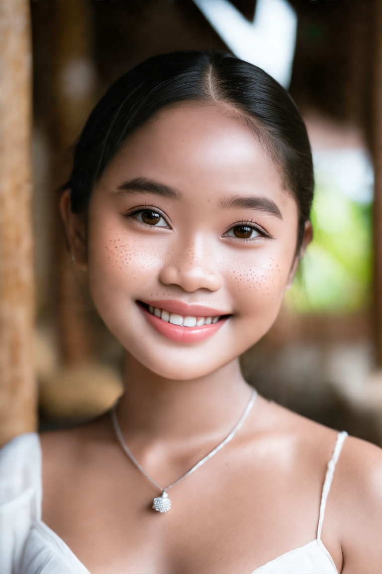 A young Thai woman with a warm smile,  gazing directly at the camera,  with a subtle hint of freckles on her cheeks and a...