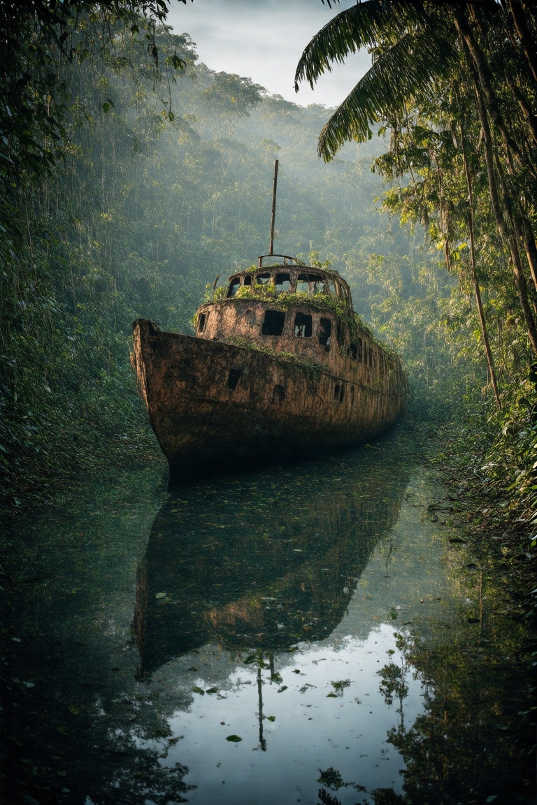 a high-quality hyperrealistic photography,  atmospheric scene of an abandoned,  dilapidated shipwreck in a pond at dense o...