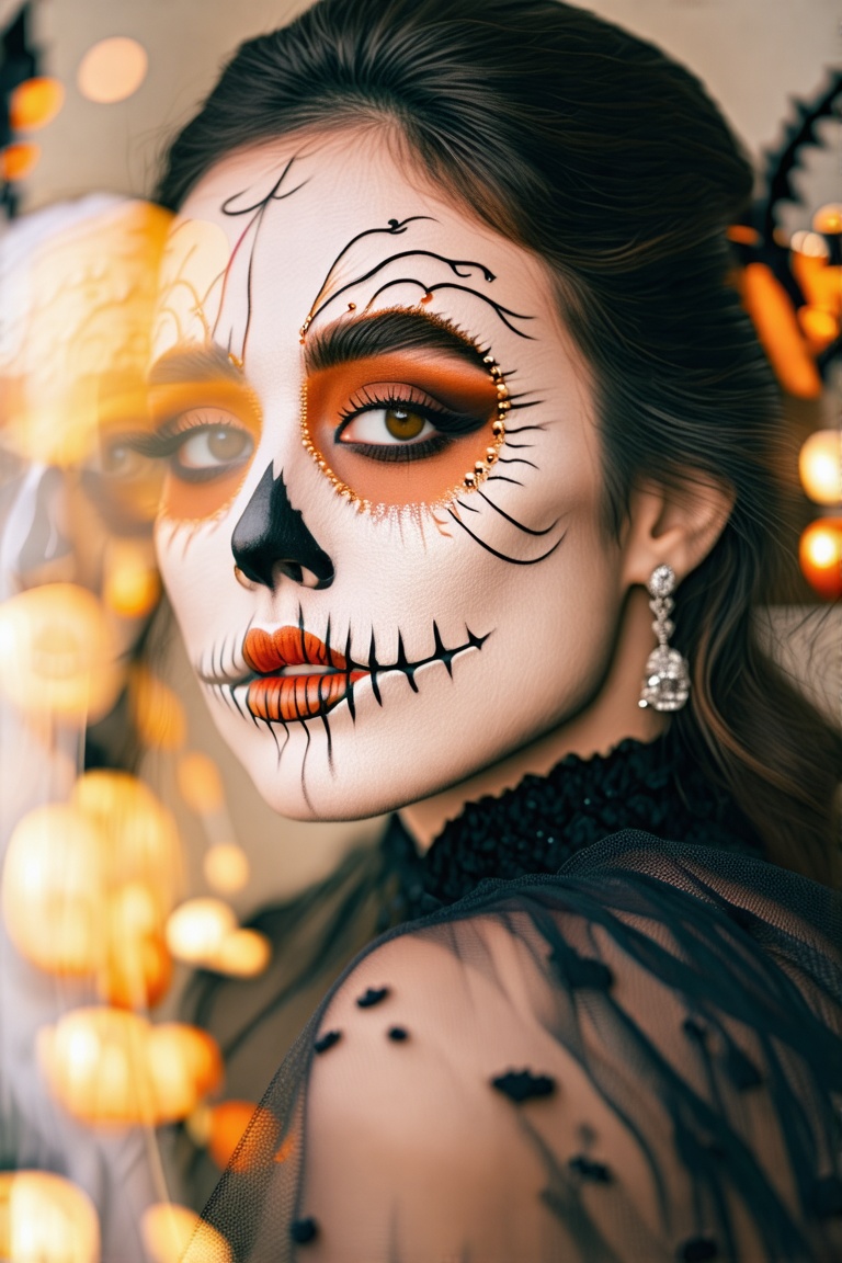 Halloween theme, Halloween makeup, Minimalist close-up of a woman’s face, with abstract and blurred forms highlighting feminine beauty, High-contrast color collision with stunning simplicity, ample white space, and an artful composition, masterpiece quality.