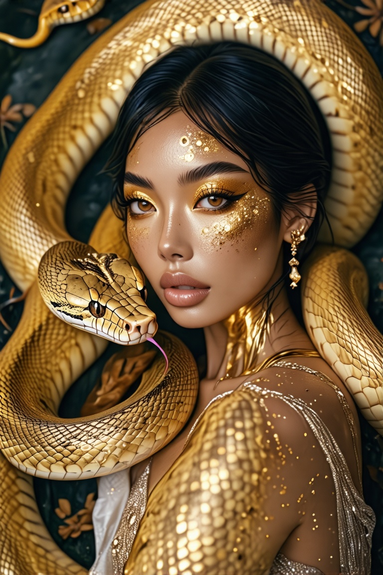 A surreal close-up portrait of a tan-skinned woman, black hair, golden eyes with striking detail; serpent-like beauty with gold foil and shimmering dust makeup; golden python coiled around her, adorned with ornate gold jewelry; glamorous lighting, hyper-detailed, elegant and intense atmosphere.