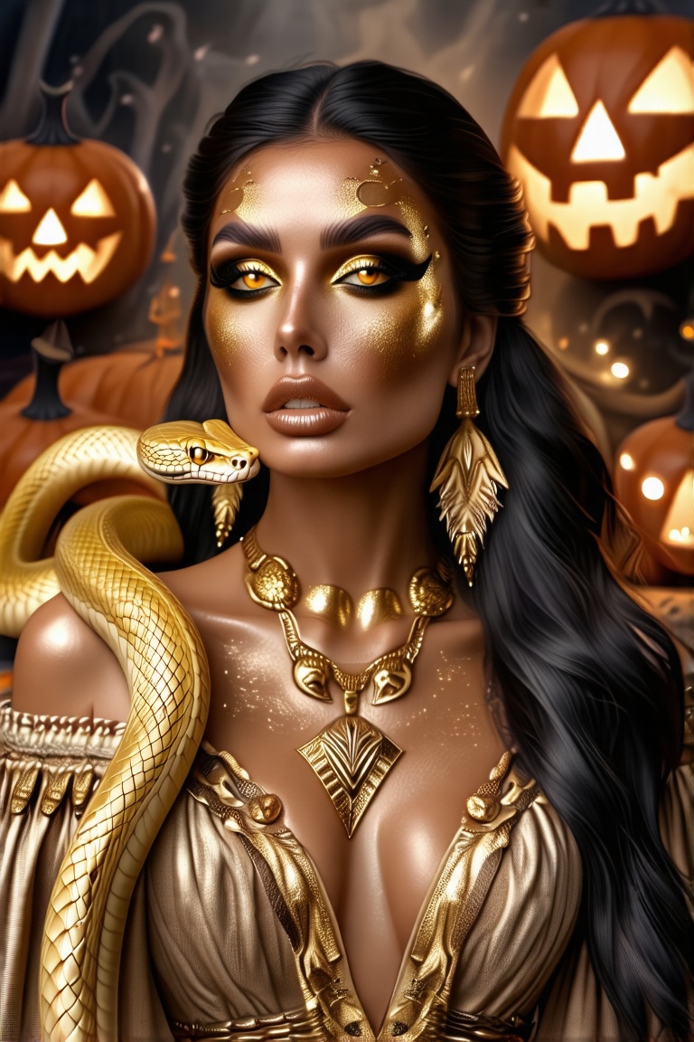 FuturEvoLabFigure, 
Halloween-themed close-up portrait of a Western woman with tan skin, dark long hair, piercing golden eyes; surreal and alluring look, golden snake draped over her shoulders; Halloween-inspired makeup with gold leaf and dark accents, luxurious gold earrings and necklace; mystical lighting, subtle shadows, smoky Halloween background, ultra-detailed.