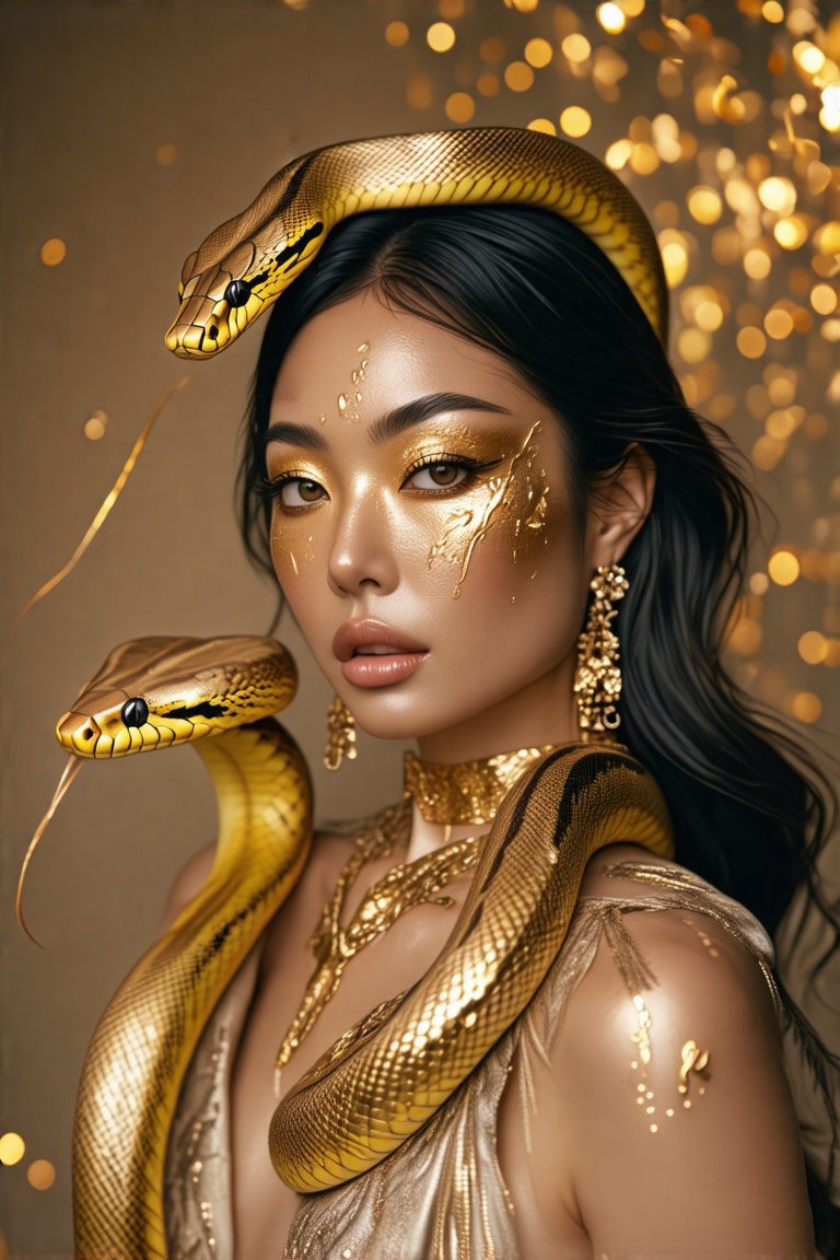 Portrait of a Western woman with tan skin, dark long hair, intense golden eyes, and a captivating beauty; close-up shot, surrealism style, adorned with gold leaf makeup, shimmering gold powder; golden python wrapped around her shoulders, luxurious gold earrings and necklace; intricate lighting, high detail, elegant and refined aesthetic.