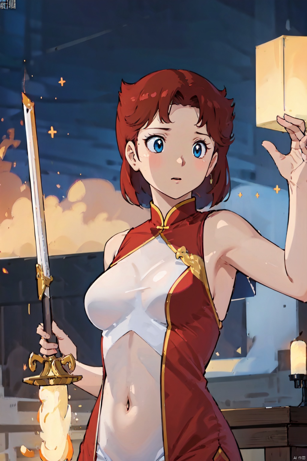 (holding sword:,Red Clothes,bares shoulder,upper body,Expose the navel,white bodystocking,Transparent light white yarn,Glowing ambiance,enchanting radiance,luminous lighting,ethereal atmosphere,evocative hues,captivating coloration,dramatic lighting,enchanting aura,masterpiece,best quality,1girl,1 Chinese patterns in the middle of the girl's forehead,girl with a weak temperament,epic cinematic,soft nature lights,rim light,absurd,amazing,funny,itricate,hyper detailed,ultra realistic,soft colors,zhongfenghua,guofeng,yuyao,qzfuling,huliya,bchiron,xiaoyemao,cyborg,yuzu