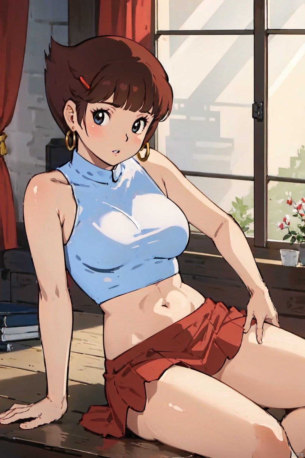  1girl, navel, solo, realistic, midriff, bare shoulders, sitting, hair ornament, black hair, jewelry, curtains, brown hair, parted lips, skirt, red skirt, looking at viewer, cowboy shot, juemei,leg_spread