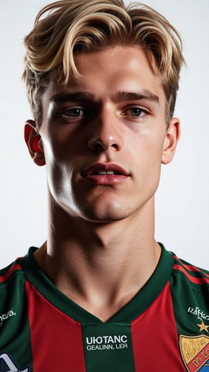 Captured at eye-level,  a close-up shot of a soccer player,  dressed in a red and green jersey on Tensor.Art