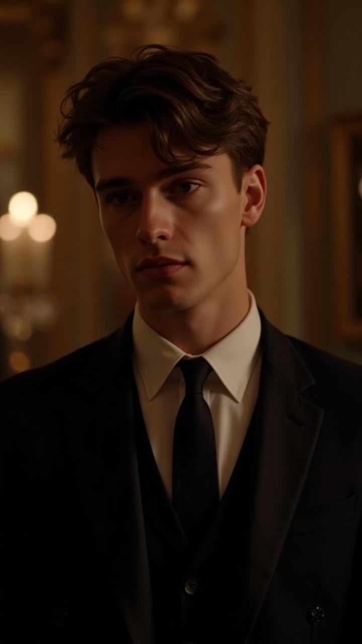 a cinematic shot of a young man in a formal black suit and tie,  standing against a dimly lit,  opulent background with so...