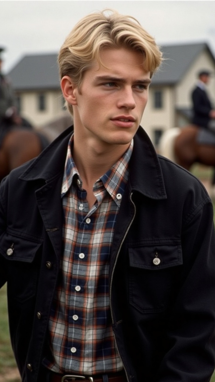 a young man with blonde hair,  wearing a black jacket and a plaid button-down shirt. His left arm is stretched out in fron...