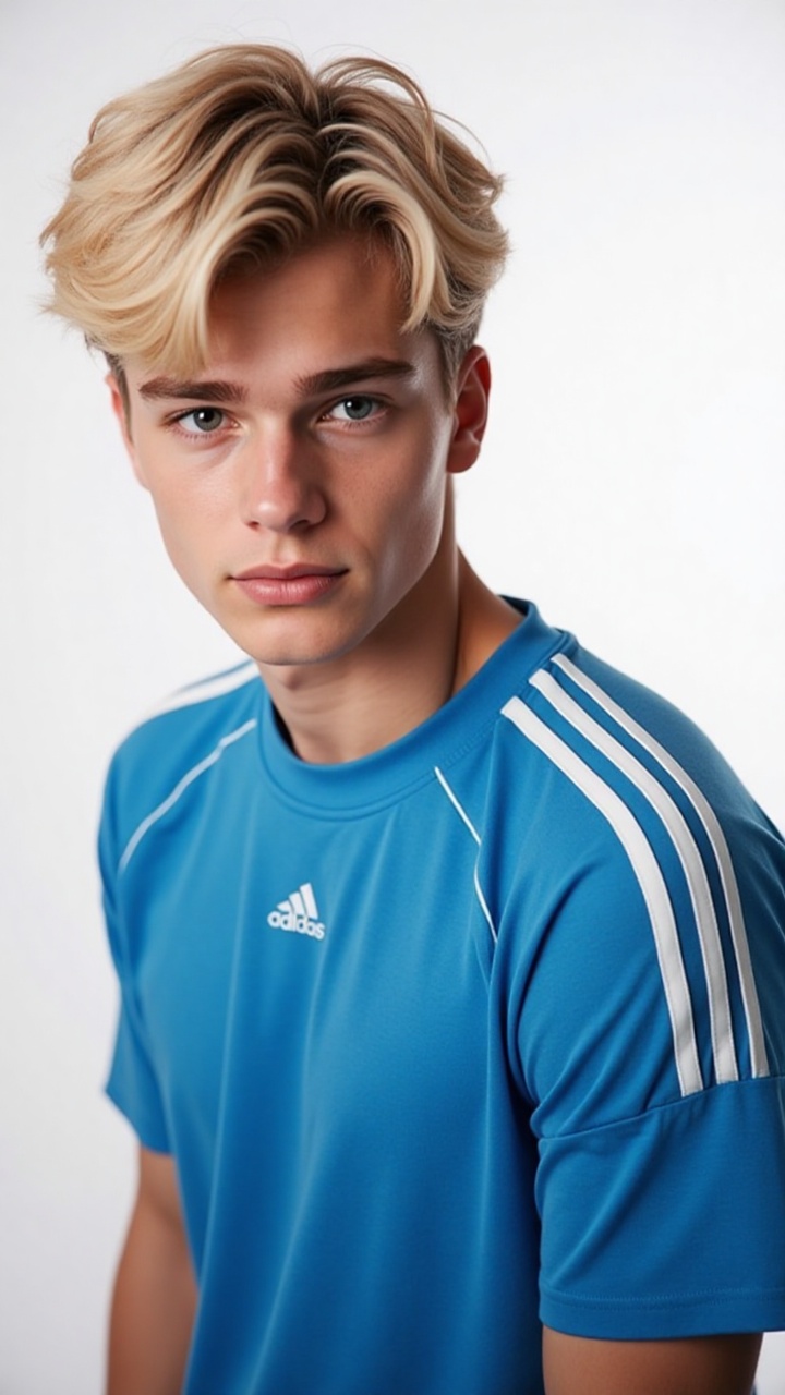 A shot of a teenage popstar posing with confidence on a crisp white background,  illuminated by soft lighting that casts a...