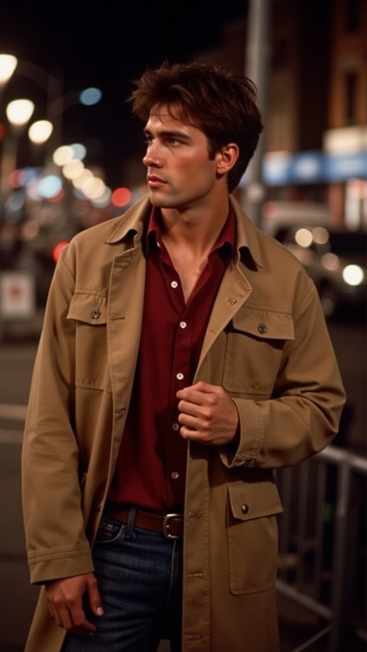Create a photorealistic image of a male model in a 90s-style fashion ad,  wearing a beige trench coat over a red shirt. He...