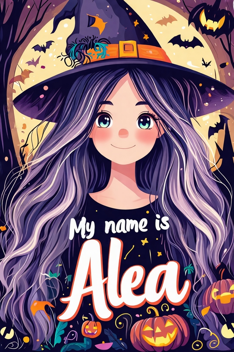 My name is Alea text and Halloween bat deco in doodle art style,  featuring a long-haired girl. The scene is vibrant with...