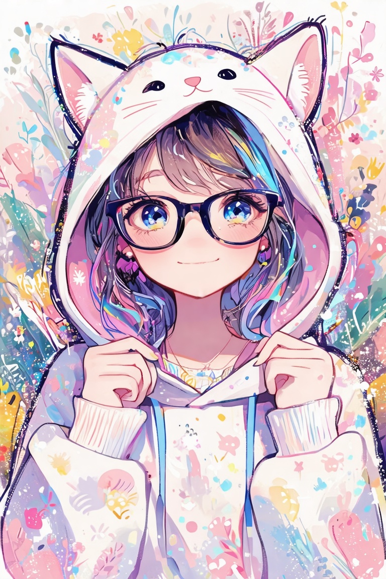 Cheeky girl in a kitty hoodie,  holding glasses,  posing cutely in a playful doodle art style. Bright on Tensor.Art