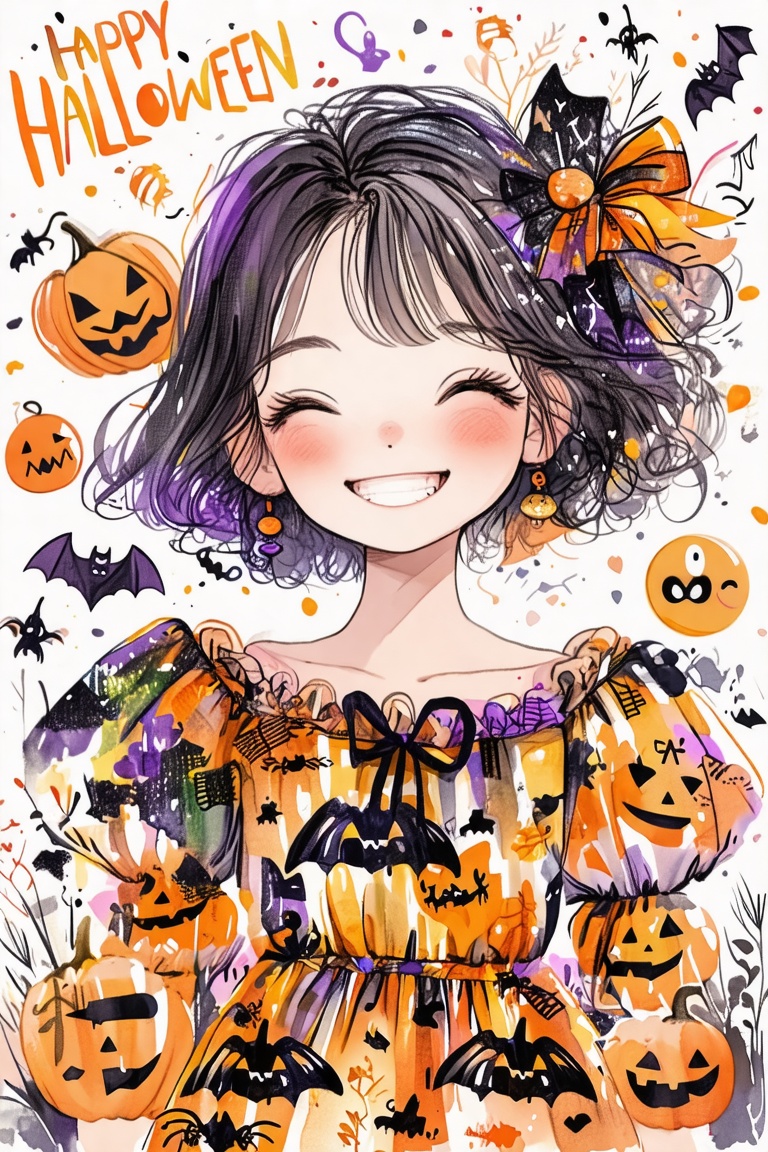 HAPPY HALLOWEEN text and 🎃 emoji installation in doodle art style,  featuring a happy girl in a Halloween pattern dress....