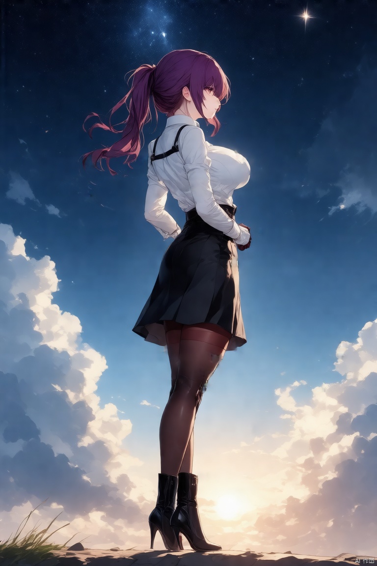 1girl, solo, long hair, breasts, bangs, skirt, large breasts, shirt, gloves, long sleeves, closed mouth, standing, full body, white shirt, ponytail, purple hair, pantyhose, red hair, boots, outdoors, sky, cloud, black skirt, black footwear, high heels, night, arms behind back, cloudy sky, star \(sky\), night sky, pencil skirt, sunset, brown pantyhose, murata himeko