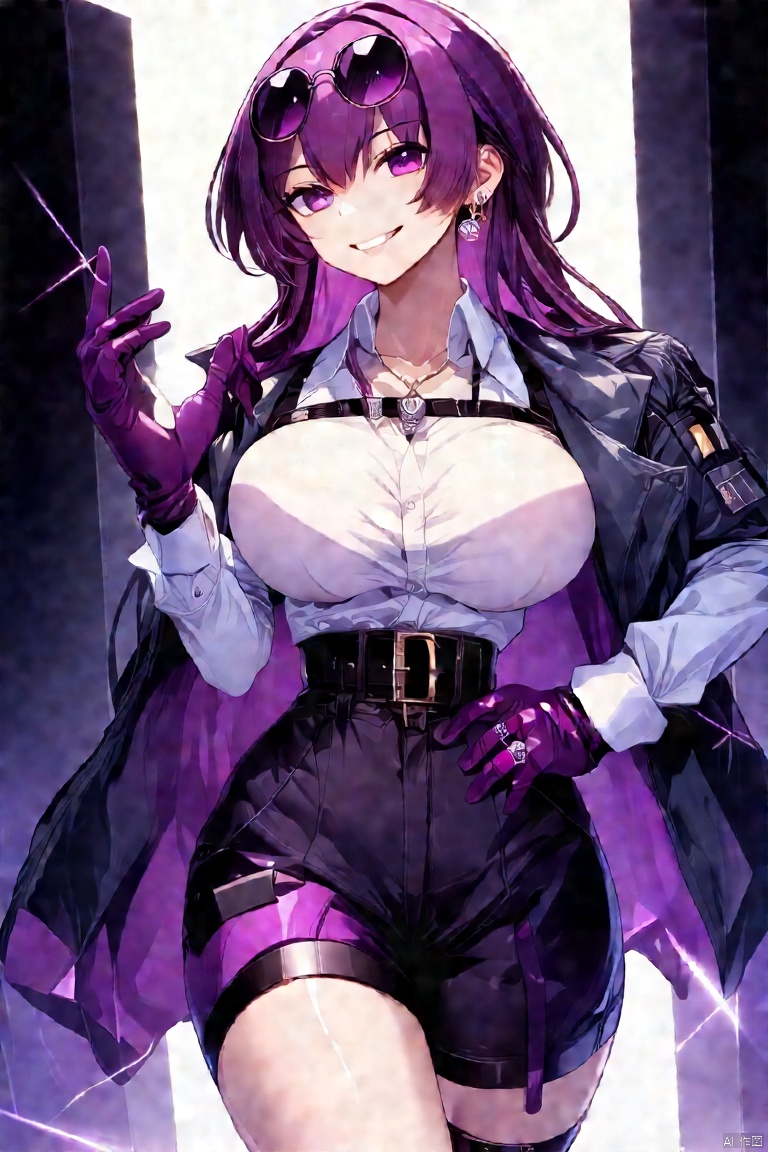 1girl, solo, long hair, breasts, looking at viewer, smile, bangs, shirt, gloves, long sleeves, hair between eyes, jewelry, purple eyes, jacket, white shirt, purple hair, earrings, shorts, sunglasses, ring, eyewear on head,Kafka,