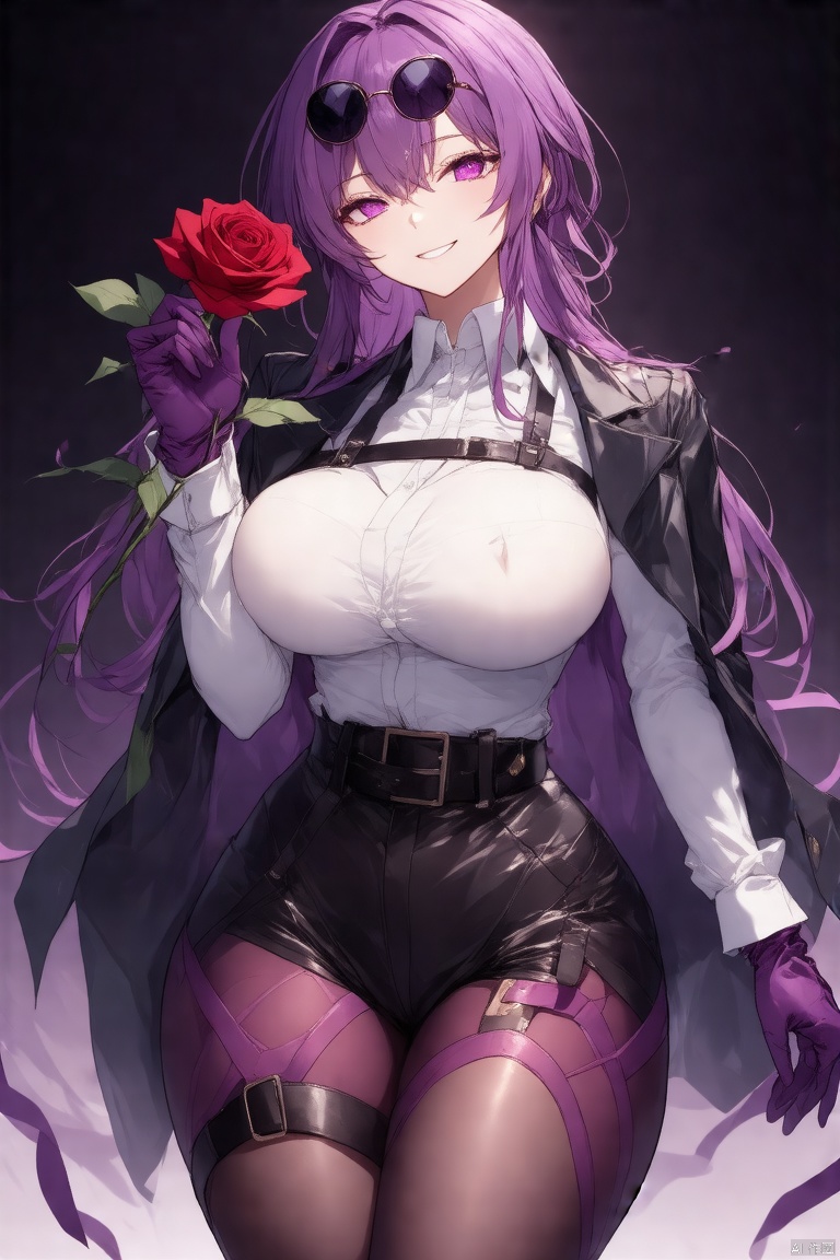 1girl, solo, long hair, breasts, looking at viewer, blush, smile, bangs, large breasts, shirt, gloves, long sleeves, holding, closed mouth, purple eyes, jacket, white shirt, purple hair, flower, pantyhose, black jacket, black pantyhose, rose, sunglasses, red flower, eyewear on head, red rose, holding flower, purple gloves