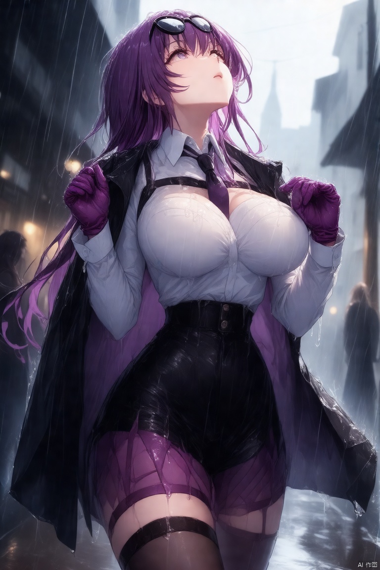 1girl, solo, long hair, breasts, bangs, skirt, large breasts, shirt, gloves, long sleeves, underwear, jacket, white shirt, purple hair, necktie, collared shirt, bra, coat, black jacket, wet, see-through, sunglasses, looking up, black bra, wet clothes, eyewear on head, rain, jacket on shoulders, purple gloves