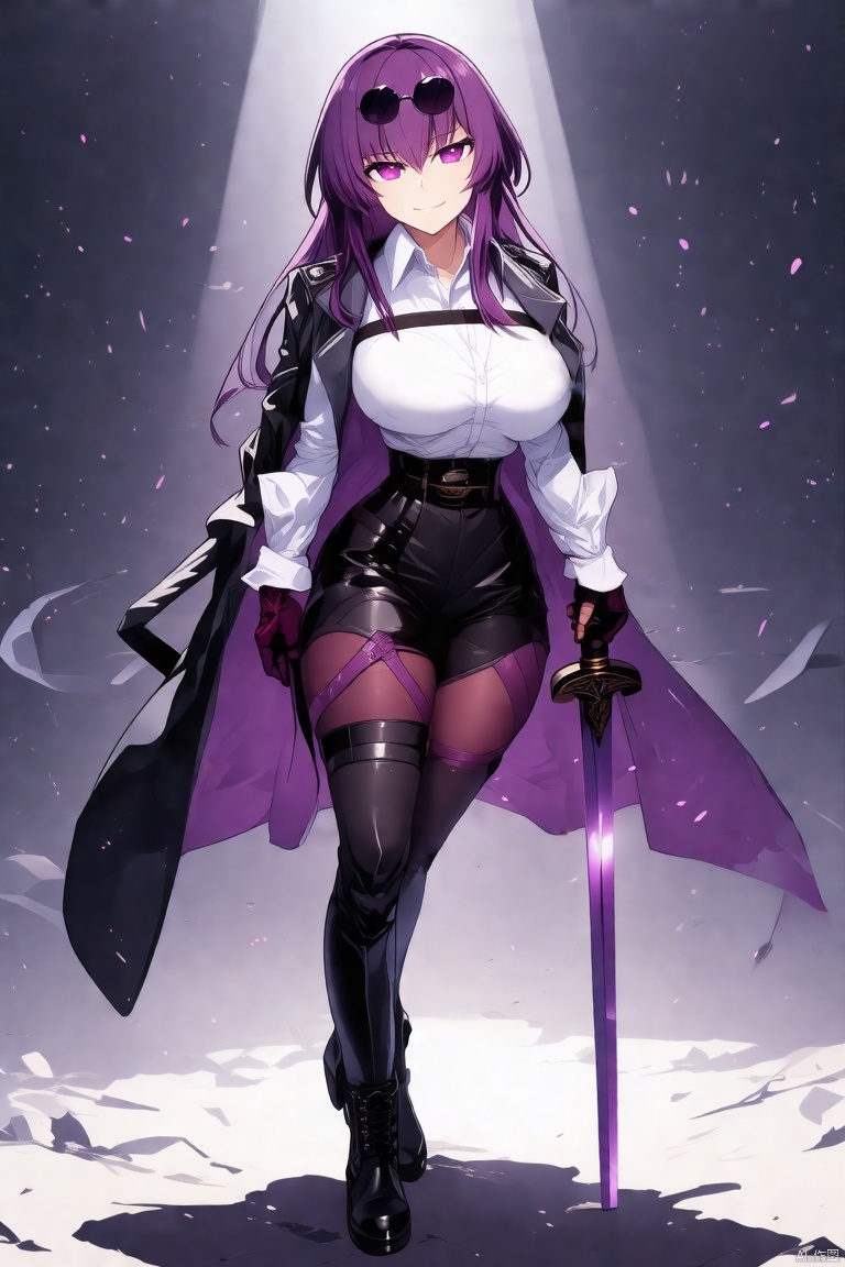 1girl, solo, long hair, breasts, looking at viewer, smile, bangs, shirt, gloves, long sleeves, holding, closed mouth, purple eyes, jacket, white shirt, weapon, purple hair, pantyhose, boots, sword, black footwear, holding weapon, coat, black jacket, holding sword, sunglasses, eyewear on head