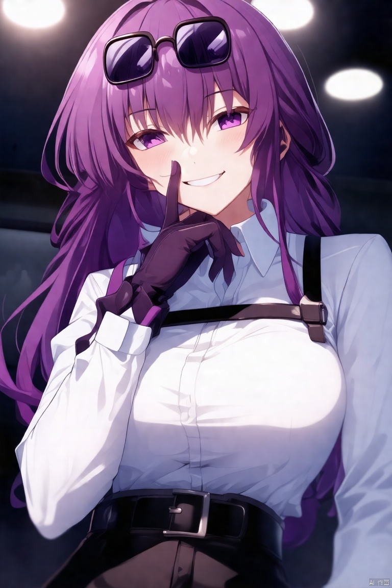 1girl, solo, looking at viewer, smile, bangs, gloves, long sleeves, hair between eyes, purple eyes, white shirt, upper body, purple hair, sunglasses, eyewear on head, hand on own face, hand on own cheek