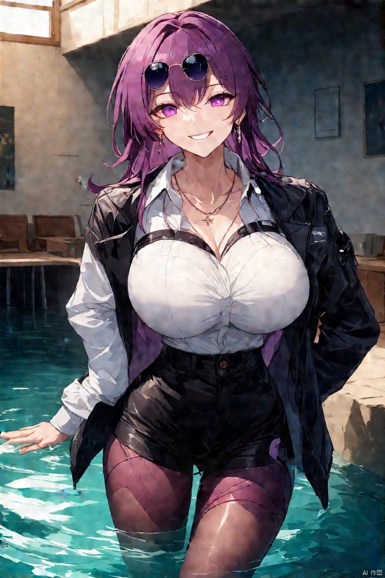 1girl, solo, long hair, breasts, looking at viewer, smile, bangs, large breasts, shirt, long sleeves, cleavage, jewelry, standing, purple eyes, jacket, white shirt, purple hair, pantyhose, earrings, parted lips, shorts, collared shirt, indoors, water, black jacket, short shorts, leaning forward, sunglasses, eyewear on head, jacket on shoulders