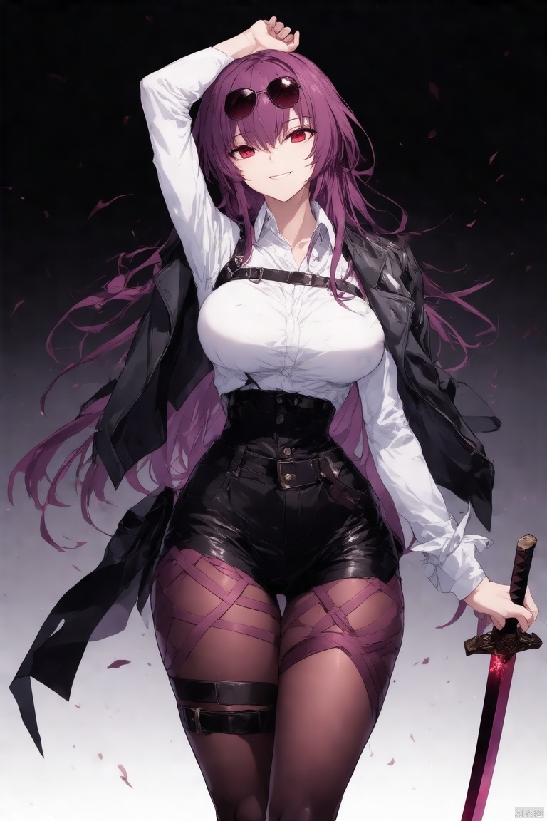 1girl, solo, long hair, breasts, looking at viewer, smile, bangs, large breasts, shirt, red eyes, long sleeves, holding, hair between eyes, jacket, white shirt, weapon, purple hair, pantyhose, parted lips, open clothes, shorts, collared shirt, sword, holding weapon, arm up, black jacket, black pantyhose, thigh strap, holding sword, black shorts, hair intakes, sunglasses, eyewear on head, scathach \(fate\)