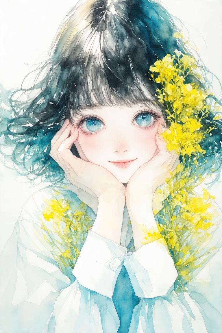 watercolor \(medium\), solo, 1girl, flower, looking at viewer, blue eyes, long sleeves, shirt, black hair, yellow flower, white shirt, short hair, hands on own face, bangs, upper body, portrait, lips, white background, closed mouth, simple background, hands on own cheeks, smile, painting, head rest, hands up, eyelashes, blush, wind, blunt bangs, sleeves past wrists, aqua eyes, floating hair