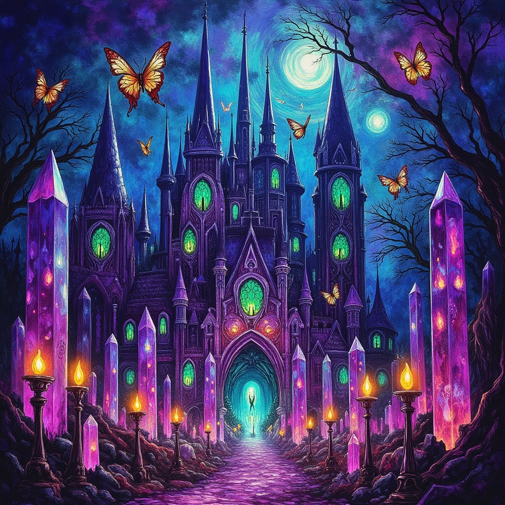 Haunted crystal castle with spectral butterflies, oil painting style, vibrant purples and teals, mystical ambiance, floating candles, fantasy art, rich color palette, sharp focus,chromaflow