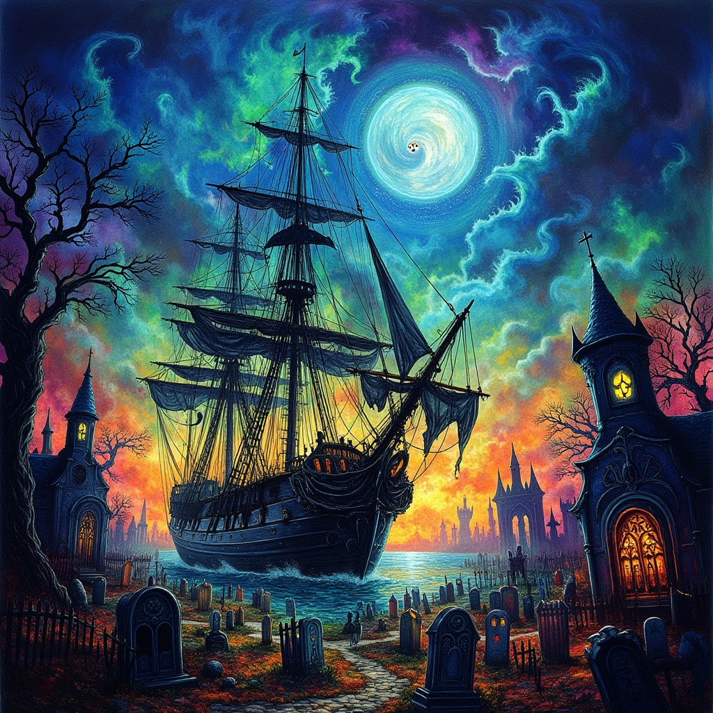 Ghost ship sailing through aurora-lit cemetery, ChromaFlow style, complementary colors, otherworldly scene, floating spirits, imaginative realism, deep color shadows, artistic texture, perfect composition,chromaflow