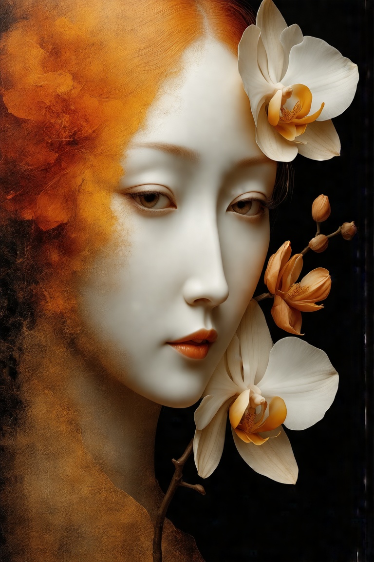 An ultra-realistic macroscopic photo, capturing a close-up abstract painting of an aged oil painting. The portrait features a beautiful woman with a vermillion orange translucent face, adorned with one translucent amber orange orchid in her hair. Rendered in a simplicity zen style, the image showcases flat shadows and flowing lines, with vibrant white and vivid amber red flowers mixed with pale oranges bleeding into a soft, muted background. The scene is framed with a close-up view, bathed in light, highlighting the delicate balance between the flowers and the subtle face. Her smooth porcelain skin, flirtatious eyes, and beautiful sensual lips create an irresistible look. The face is partially obscured by a large orchid, with a dark black background creating a stark contrast to the white face. The composition is inspired by Japanese zen garden and ikebana styles, with a balanced arrangement on an aged golden patina raw paper, tinted and stained background,Composition featuring a translucent pale skin sphere, a smaller prussian blue cube, and one big elegant pale white orchid flower. Sphere positioned using the Golden Ratio, slightly off-center, at an intersection of the Rule of Thirds grid. Shadows blend from burnt sienna/burnt umber at the top to predominantly white at the bottom, with titanium white highlights. Prussian blue cube with subtle darker shadows on one side, lighter highlights on edges. Transparent pigments glaze over the sphere for depth. Orchid flower prominently placed near the sphere or cube, complementing the overall aesthetic. Soft colors harmonize with the translucent skin tone and muted background. Soft, muted backdrop reflecting wabi-sabi aesthetics, emphasizing beauty in imperfection and delicate nature of the sphere's reflections and flower.DS-05-PORTRAIT-E02