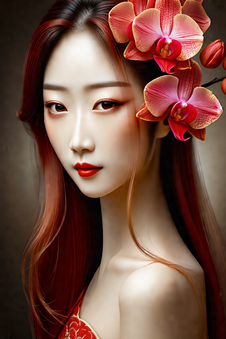 Capture the essence of a beautiful Japanese woman with an intense gaze that draws the viewer in. Her long, suave hair is a striking amber red, cascading elegantly around her shoulders. Adorning her hair are vibrant amber red orchids, adding a touch of exotic beauty and contrast. The focus should be on her expressive eyes, which convey depth and emotion, creating a captivating connection with the viewer. The background should be softly blurred to emphasize her features and the rich colors of her hair and floral accents.,DS-05-PORTRAIT-E02