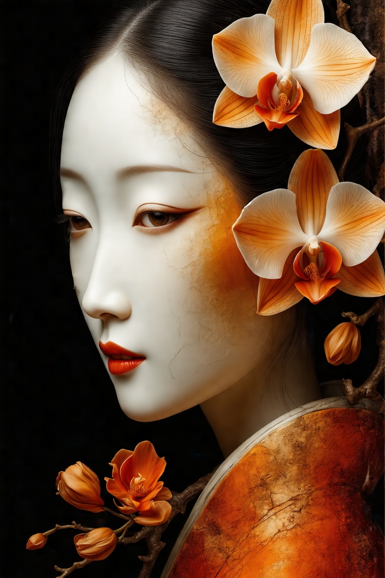An ultra-realistic macroscopic photo, capturing a close-up abstract painting of an aged oil painting. The portrait features a beautiful woman with a vermillion orange translucent face, adorned with one translucent amber orange orchid in her hair. Rendered in a simplicity zen style, the image showcases flat shadows and flowing lines, with vibrant white and vivid amber red flowers mixed with pale oranges bleeding into a soft, muted background. The scene is framed with a close-up view, bathed in light, highlighting the delicate balance between the flowers and the subtle face. Her smooth porcelain skin, flirtatious eyes, and beautiful sensual lips create an irresistible look. The face is partially obscured by a large orchid, with a dark black background creating a stark contrast to the white face. The composition is inspired by Japanese zen garden and ikebana styles, with a balanced arrangement on an aged golden patina raw paper, tinted and stained background.,DS-05-PORTRAIT-E02