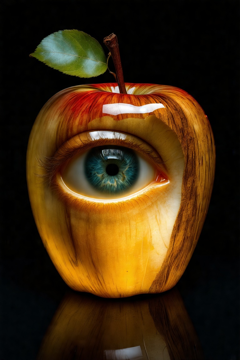  A deep, photorealistic photo blending Paul Gauguin and Miho Hirano styles, featuring an apple with a human eye inside. The scene is illuminated by strong Chiaroscuro lighting, with volumetric lights casting beautiful shadows and smooth contrast. The apple is rendered with sharp focus, subtle fine drawing lines, and ultra-detailed technical precision, resembling a sculptural drawing with smooth, rounded forms. The background is black, enhancing the wood reflection and texture, glossy surfaces, and Rembrandt light. The composition includes luminaire lighting, Vray light, and Hieronymus Bosch-inspired elements, all rendered in Maya with Octane and Vray for hyperrealistic detail,DS-05-PORTRAIT-E02