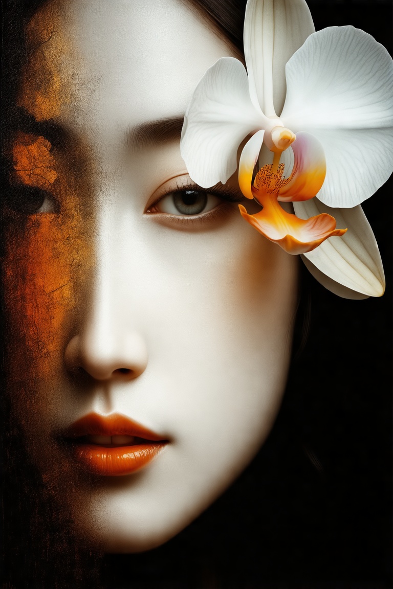 An ultra-realistic macroscopic photo capturing a close-up abstract painting of an aged oil portrait. The scene features a woman's Prussian blue translucent face with one translucent Prussian blue orchid in her hair, rendered in a simplicity zen style with flat shadows and flowing lines. Vibrant white and vivid amber-red flowers mix with pale oranges, bleeding into a soft, muted background. The close-up view frames her delicate balance, bathed in light, highlighting her smooth porcelain skin, flirtatious eyes, beautiful sensual lips, and irresistible look. Her face is partially obscured by a large orchid against a dark black background, creating a stark contrast to her white face.