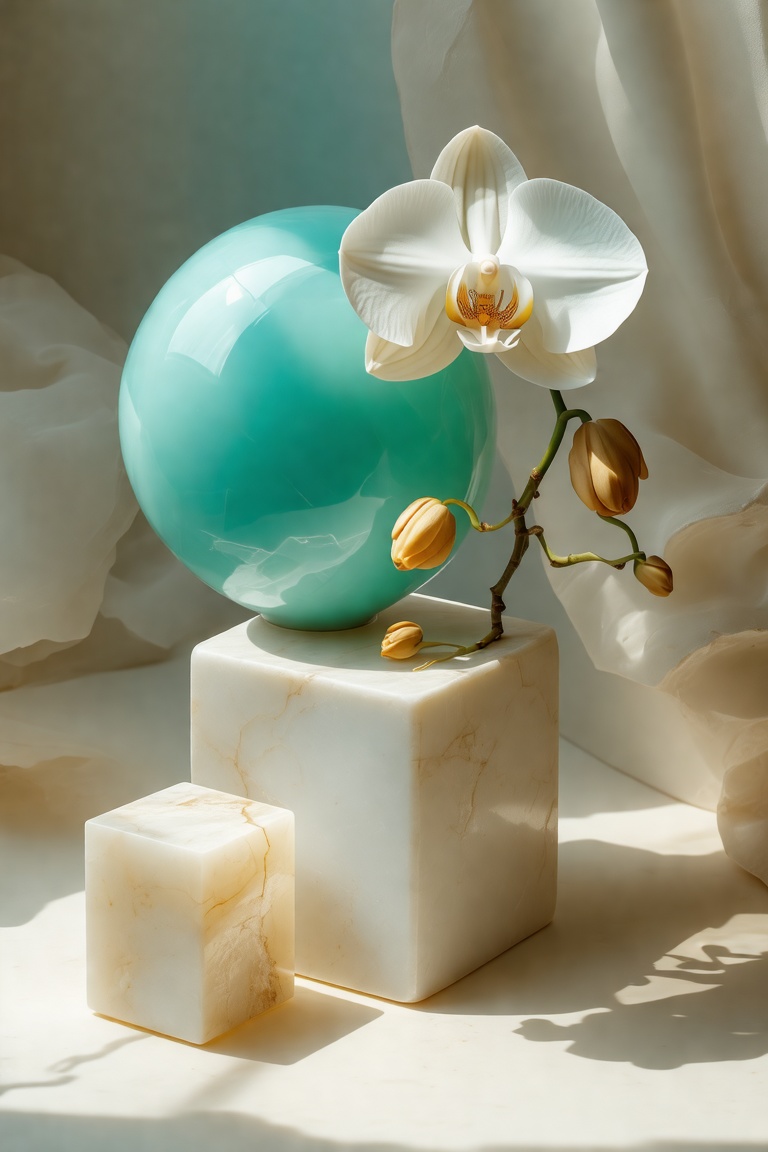 A translucent pale human skin sphere positioned at the Golden Ratio intersection, slightly off-center, with shadows blending from burnt sienna at the top to pale white at the bottom, enhanced by titanium translucent white highlights. A turquoise cube nearby, with subtle darker shadows and lighter highlights, layered with transparent pigments for depth. A single elegant pale white orchid flower, delicately placed near the sphere or cube, complementing the soft pale color palette. A white translucent porcelain hand sculpture adds an additional element, enhancing the composition. Set against a soft, muted wabi-sabi backdrop, emphasizing beauty in imperfection and the delicate reflections of the sphere and flower. Sunshine light filters through, casting golden sun rays onto the cube and sphere,DS-05-PORTRAIT-E02