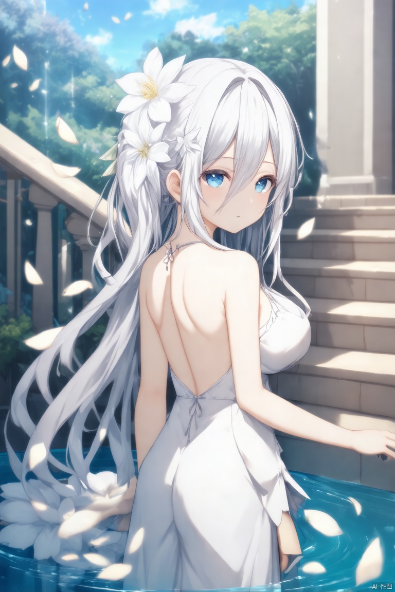 1girl, solo, long hair, breasts, looking at viewer, blush, bangs, blue eyes, hair ornament, dress, hair between eyes, bare shoulders, medium breasts, very long hair, closed mouth, standing, flower, white hair, sleeveless, looking back, hair flower, water, white dress, looking to the side, bare arms, petals, sideboob, floating hair, sleeveless dress, white flower, wading, stairs,Reine