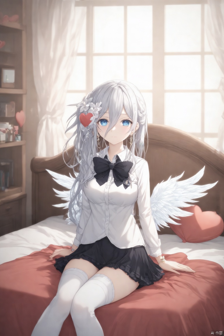 1girl, solo, long hair, breasts, looking at viewer, blush, bangs, blue eyes, skirt, large breasts, shirt, hair ornament, thighhighs, long sleeves, bow, hair between eyes, jewelry, medium breasts, very long hair, white shirt, flower, white hair, heart, earrings, lying, frills, parted lips, wings, collared shirt, indoors, hair flower, on back, bowtie, arm up, white thighhighs, zettai ryouiki, pillow, window, bed, black bow, red skirt, on bed, garter straps, frilled skirt, box, feathered wings, high-waist skirt, black bowtie, valentine, hand on own thigh, heart-shaped box, heart pillow,Reine